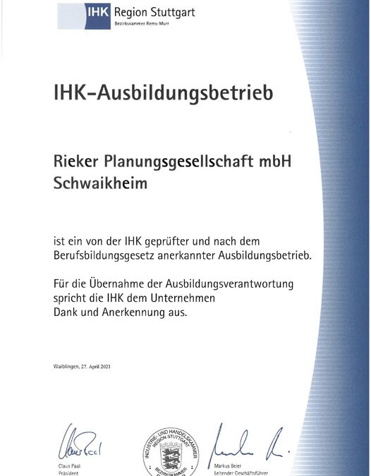 IHK-Ausbildungsurkunde für unsere Niederlassung in Schwaikheim!